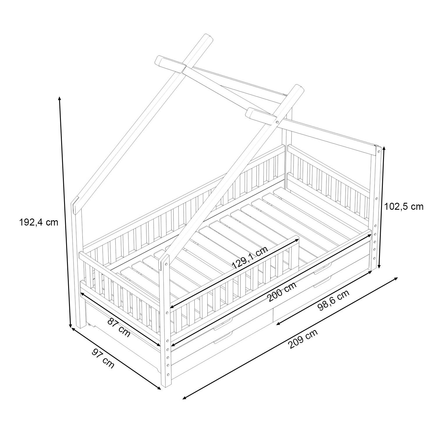 Łóżko domek Clara, białe (w tym łóżko dla gości i podstawa łóżka)