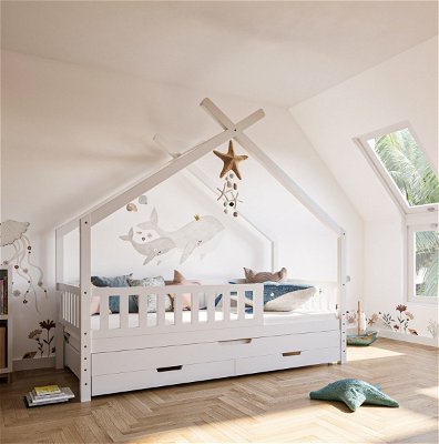 Łóżko domek Clara, białe (w tym łóżko dla gości i podstawa łóżka)
