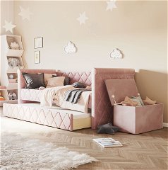 Zestaw: Sofa-łóżko Vilena z pojemnikiem na zabawki Vali - Flamingo