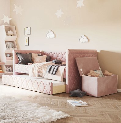 Zestaw: Sofa-łóżko Vilena z pojemnikiem na zabawki Vali - Flamingo