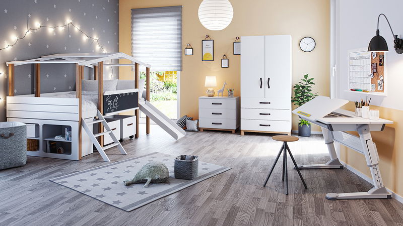 Kinderzimmer Cory mit Hausbett, Kommode, Schrank , Unterstellregal, Schreibtisch Luna und Spielzeugkisten Kinderzimmer Cory mit Hausbett, Kommode, Schrank , Unterstellregal, Schreibtisch Luna und Spielzeugkisten