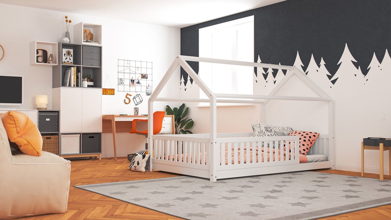 Beispiel zeigt Hausbett Lilly in weiß mit Flachsprossen (120 x 200cm) - (Abbildung ähnlich)