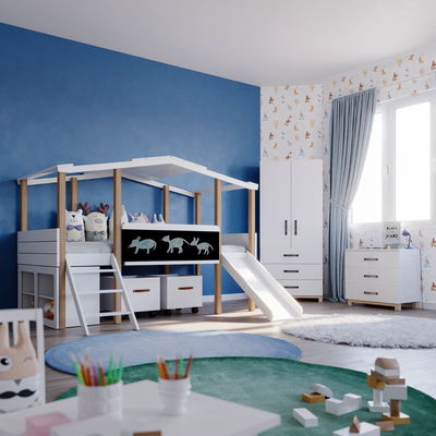Ambiente Kinderzimmer Cory mit Hausbett in Weiß/Natur, in blauem Kinderzimmer Ambiente Kinderzimmer Cory mit Hausbett in Weiß/Natur, in blauem Kinderzimmer