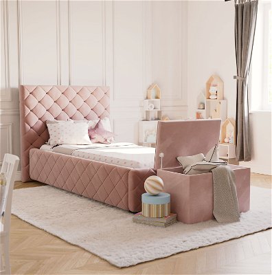 Zestaw: łóżko tapicerowane Viana z pojemnikiem na zabawki Vali - Flamingo